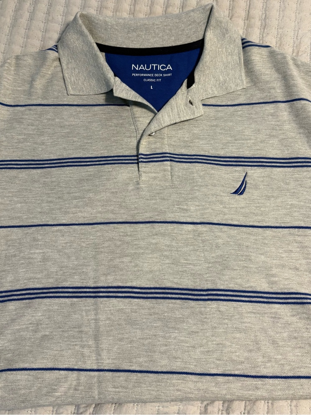 Nautica Light Gray Polo with Blue Stripe Accents